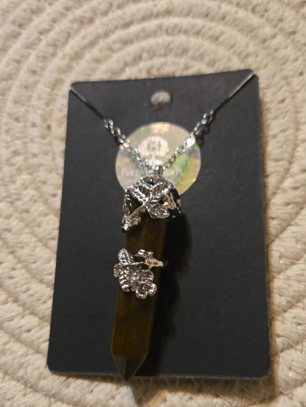 Tiger Eye Point Pendant Necklace with Silver Floral Accents